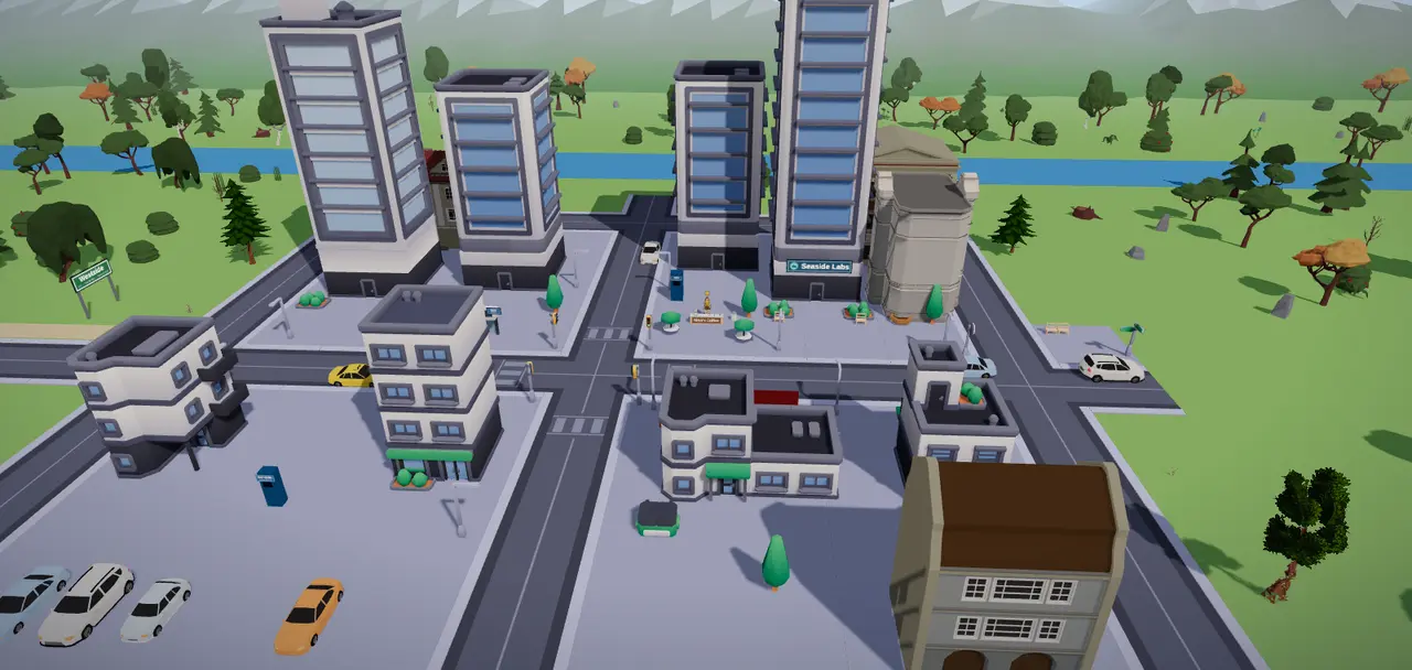 Downtown Fairview from above: office towers, a coffee cart and cars on the streets