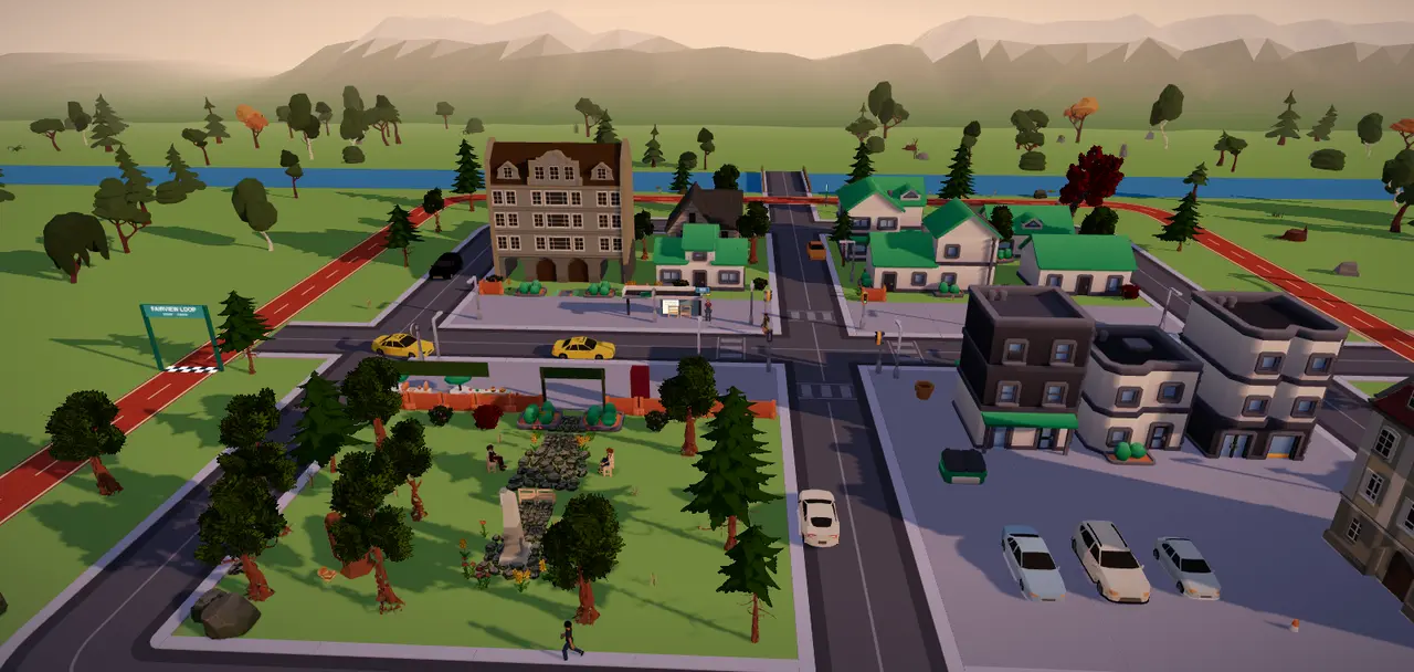 Westside in the morning: houses, the park and the bus stop