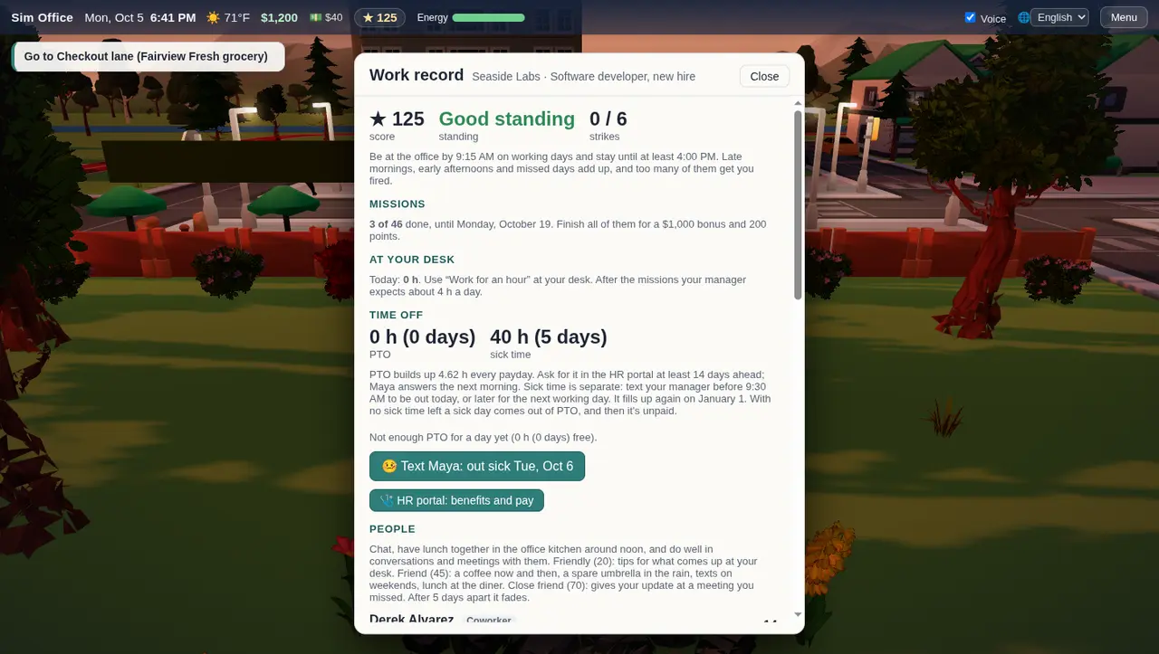 The work record: score, standing, hours and paid time off